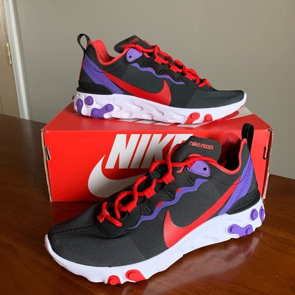 Women’s Nike React Element 55 Black/Red/ Purple - Picture 2 of 7